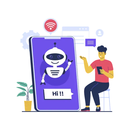 Homem usa tecnologia chatbot  Ilustração