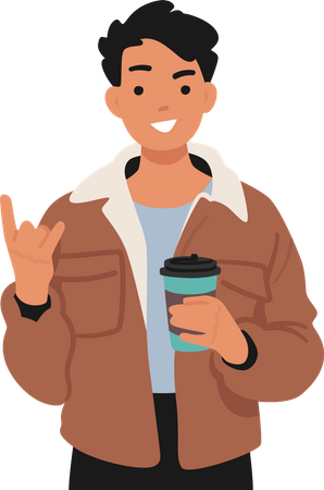 Teenage Boy Confidently Holding Coffee Cup  イラスト