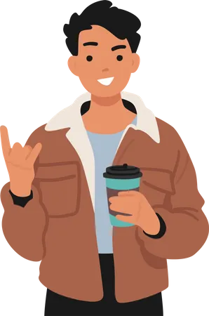 Teenage Boy Confidently Holding Coffee Cup  イラスト