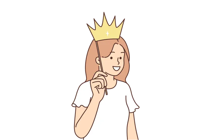 Teenage girl puts fake crown to head and smiles  Illustration