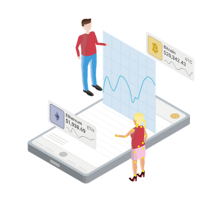 Telefone com gráfico criptográfico aparecendo flutuando  Ilustração