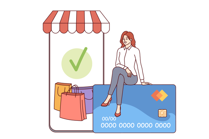 Telefone para compras móveis e compradora sentada no cartão de crédito para pagar compras on-line  Ilustração