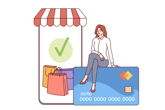 Telefone para compras móveis e compradora sentada no cartão de crédito para pagar compras on-line  Ilustração