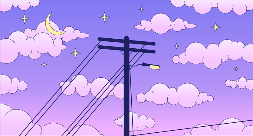 Telephone pole on dreamy night sky lo fi chill wallpaper  일러스트레이션