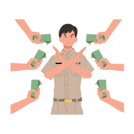 Thai Government Officer Cartoon Refusing Bribe with No Gesture in Anti-Corruption law  Illustration