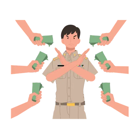 Thai Government Officer Cartoon Refusing Bribe with No Gesture in Anti-Corruption law  Illustration