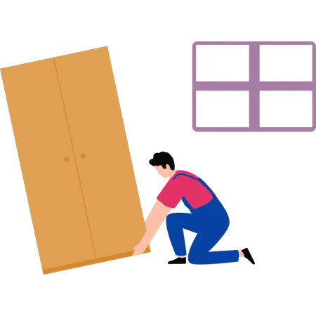 The boy is lifting the wardrobe  Illustration