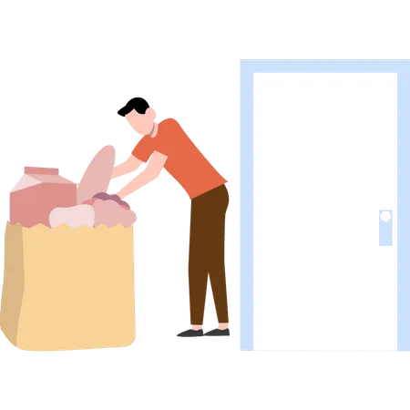 The boy is packing groceries.  Illustration