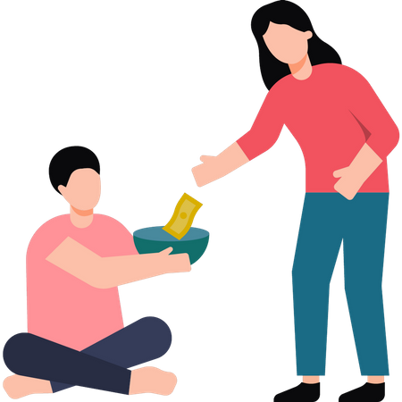 The girl is giving money to the beggar  Illustration