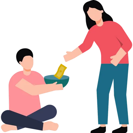 The girl is giving money to the beggar  Illustration