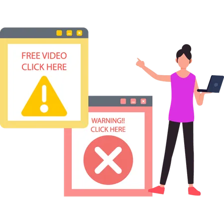 The girl is pointing at the free video click here popup.  Illustration