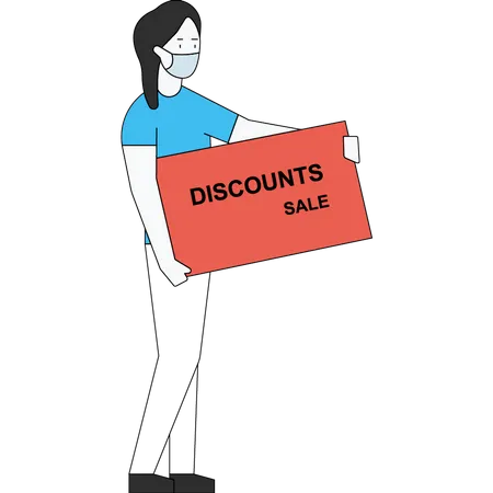 The girl is standing with a discount sale offer in her hand  Illustration