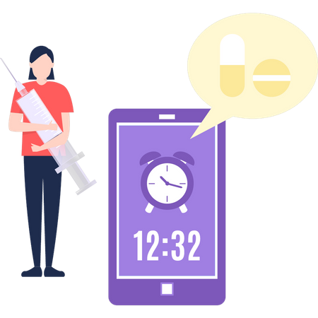 The girl set a medicine reminder on the phone  Illustration