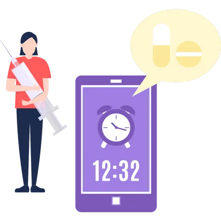 The girl set a medicine reminder on the phone  Illustration