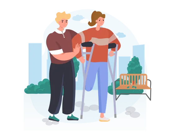 The man helps the disabled lady to walk  Illustration