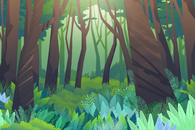 The nature scene in the forest is full of big trees and low hedges, overgrown and mysterious  일러스트레이션