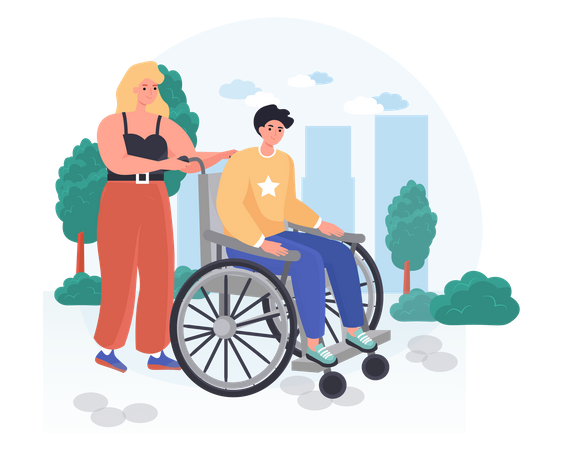 The woman walks the disabled man to the walker  Illustration