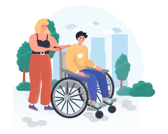 The woman walks the disabled man to the walker  Illustration