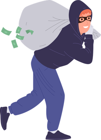 Thief  wearing face mask and hoodie carrying money cash bag sack  Illustration