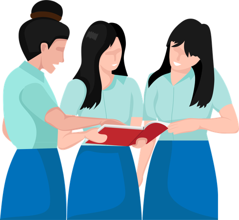 Three female students read books together There is a discussion about the contents of the book  일러스트레이션