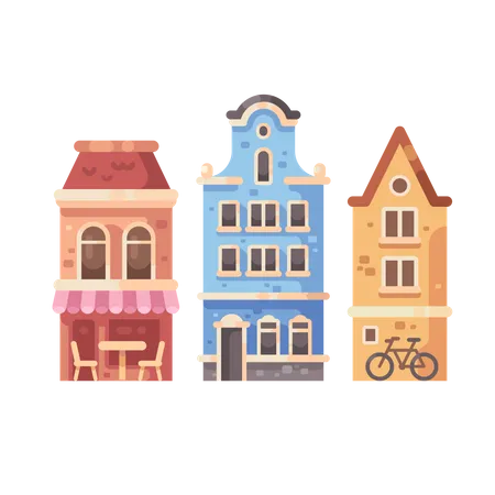 Three old city buildings  イラスト