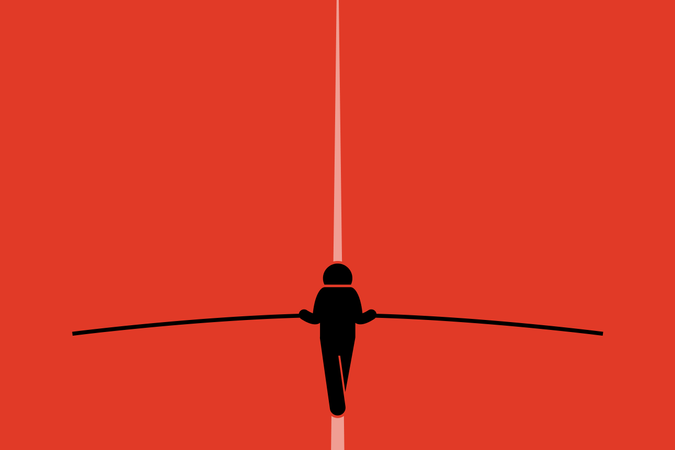 Tightrope walker walking and balancing on the wire with a long pole.  Illustration