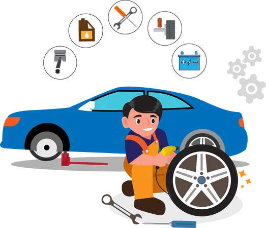 Tire repair and change service shop with car mechanic service to car with flat tire  일러스트레이션