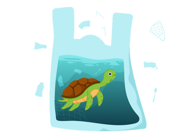 Tortoise in plastic bag  Illustration