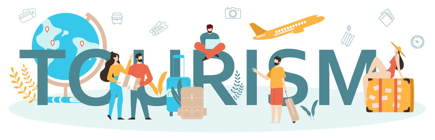 Tourism typographic header concept. Office worker selling tour, cruise  イラスト