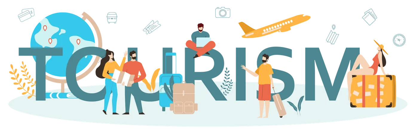 Tourism typographic header concept. Office worker selling tour, cruise  イラスト