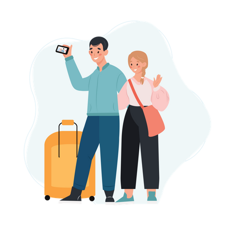 Tourist couple taking selfie  Illustration