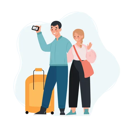 Tourist couple taking selfie  Illustration