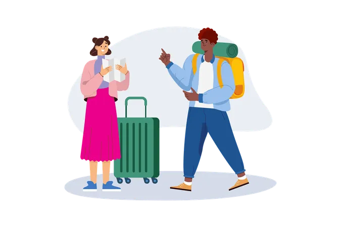 Couple de touristes trouvant un lieu de voyage  Illustration