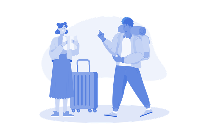 Couple de touristes trouvant un lieu de voyage  Illustration