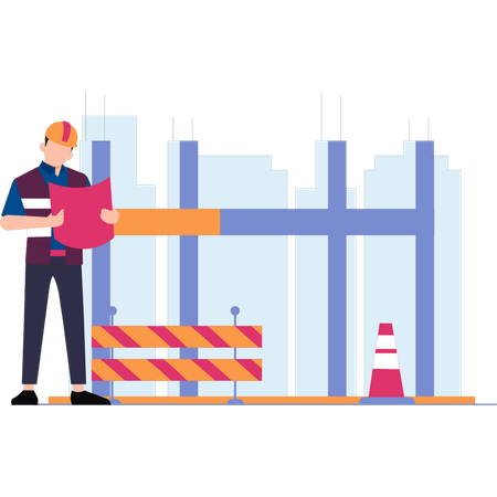 El trabajador está mirando el plano del edificio.  Ilustración