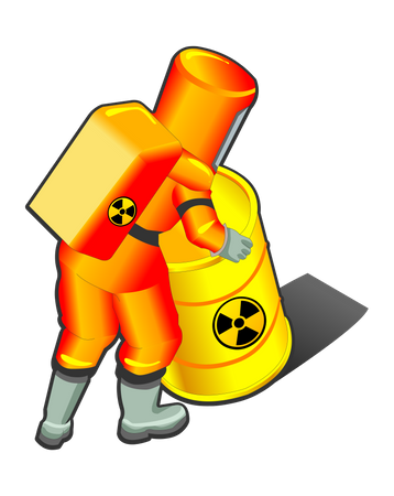 Trabajador nuclear empujando barril radiactivo  Ilustración