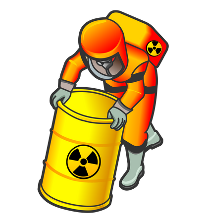 Trabajador nuclear empujando barril radiactivo  Ilustración