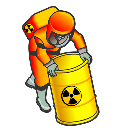 Trabajador nuclear moviendo barril radiactivo  Ilustración