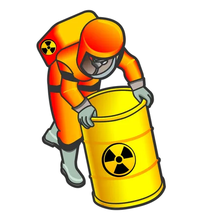 Trabajador nuclear moviendo barril radiactivo  Ilustración