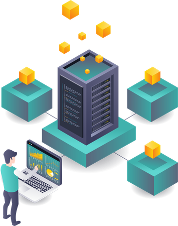 Trabajadores que procesan análisis de datos de la tecnología de servidor blockchain  Ilustración