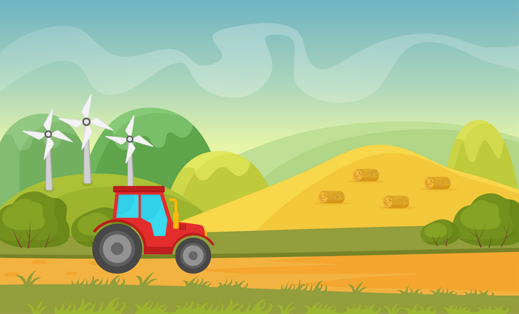 Tractor moving towards farm  イラスト