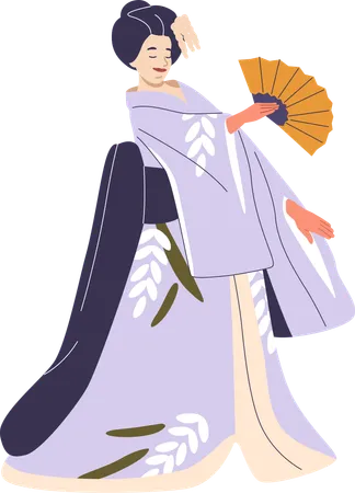 Traditional Japanese Dancer In Kimono Holding Fan  Illustration