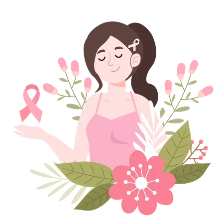 Tranquil woman with pink ribbon for breast cancer awareness  Illustration