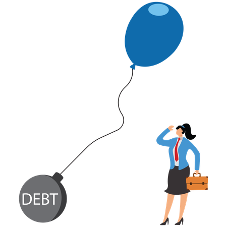 Trapped hot air balloon, huge unaffordable debt, Businesswoman  Illustration