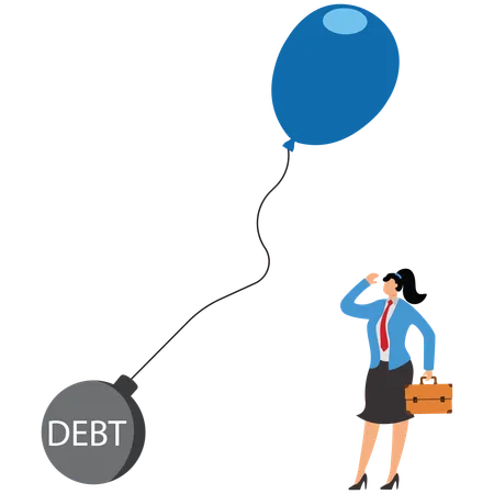 Trapped hot air balloon, huge unaffordable debt, Businesswoman  Illustration