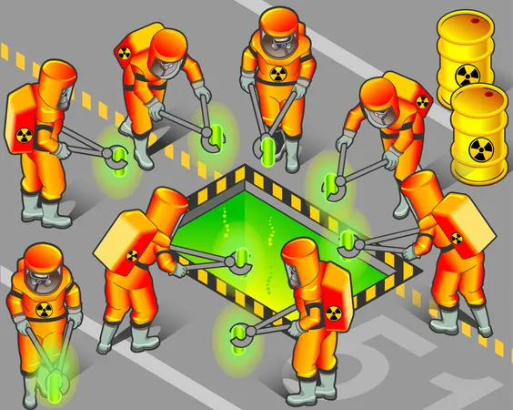 Travailleur nucléaire mettant des objets radioactifs dans un produit chimique sûr  Illustration