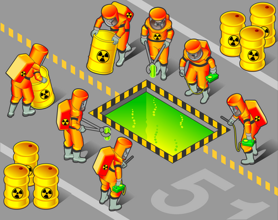 Travailleur nucléaire mettant des objets radioactifs dans un produit chimique sûr  Illustration