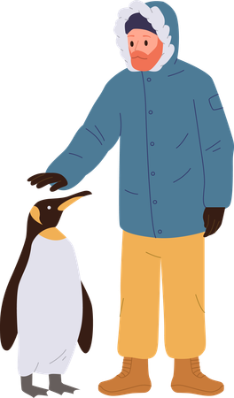 Traveller petting polar penguin  Illustration