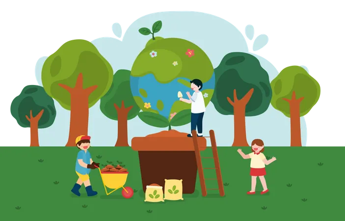 Tree plantation by kids  Illustration