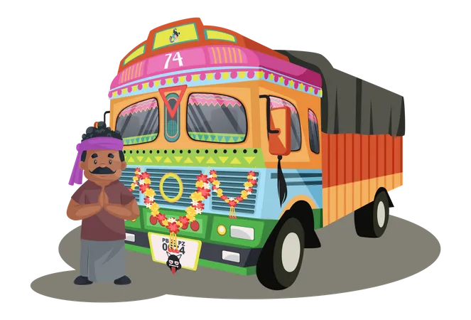 Truck driver is standing with the truck and greet  Illustration